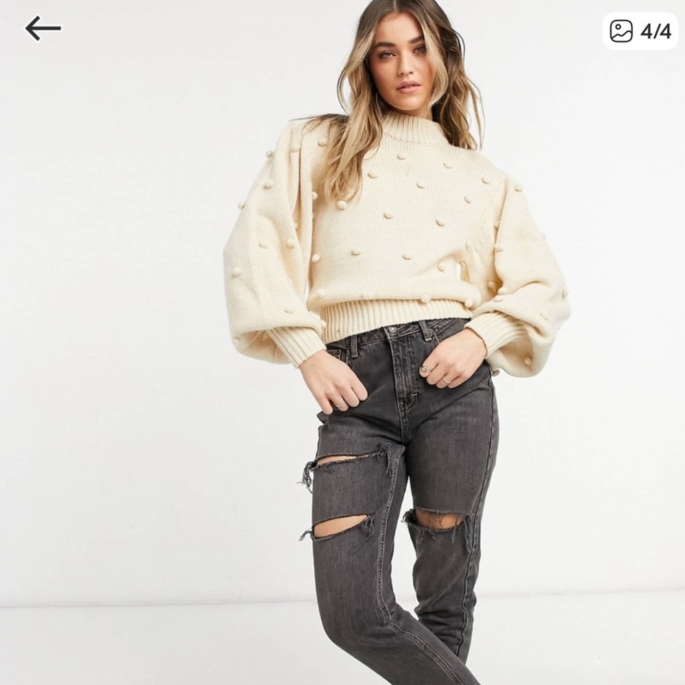 ASOS DESIGN sweater with volume sleeves and bobble detail in cream size 8